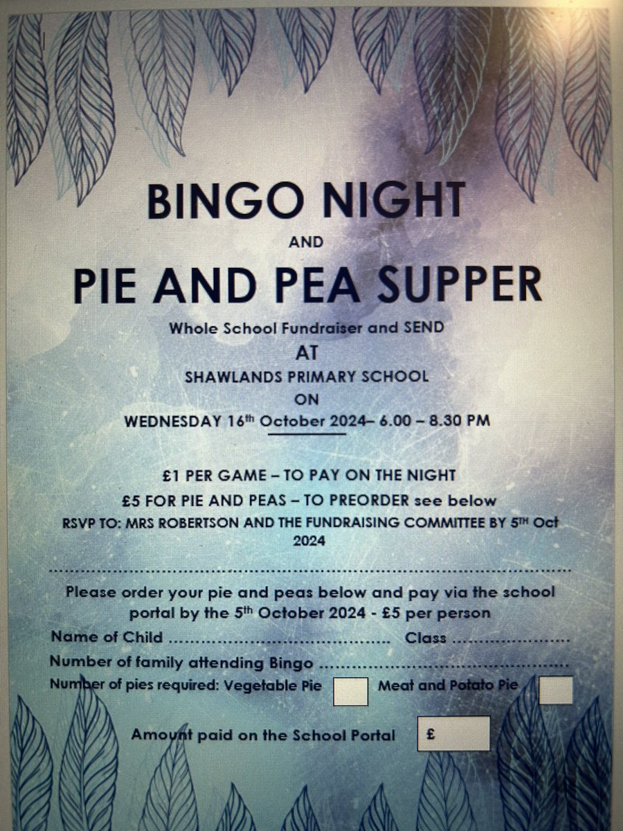 Yr4 Dynamic Dragons (@y4dynamicdragon) on Twitter photo We are looking forward to seeing you at our next Bingo/Pie & Pea night on Wed 16 th Oct from 6 pm. Please order your pies this week on the form sent home and pay on the school portal so we know numbers. Bingo cards can be bought on the night £1 per game. <a href="/ShawlandsPS/">Shawlands Primary</a> We are looking forward to seeing you at our next Bingo/Pie & Pea night on Wed 16 th Oct from 6 pm. Please order your pies this week on the form sent home and pay on the school portal so we know numbers. Bingo cards can be bought on the night £1 per game. <a href="/ShawlandsPS/">Shawlands Primary</a>