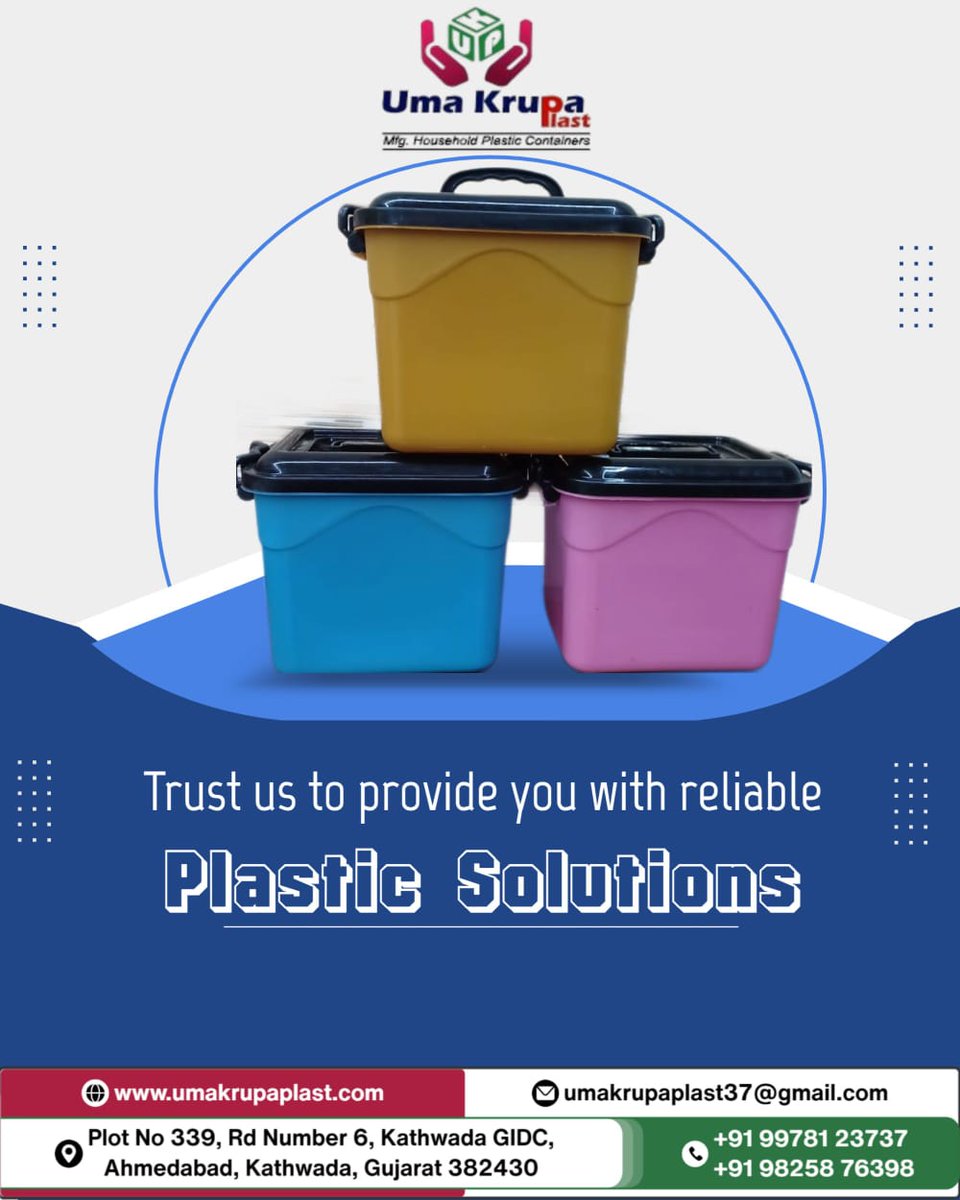 BHARATMANG56477's tweet photo. We are leading manufacturer of All Types of Plastic Containers.
If any requirements of these products.
Contact Us:-
Uma Krupa Plast
09978123737

#plasticcontainers #container #householditems #roundcontainers #squarecontainers #plasticproducts https://t.co/t9ciFI2zNU