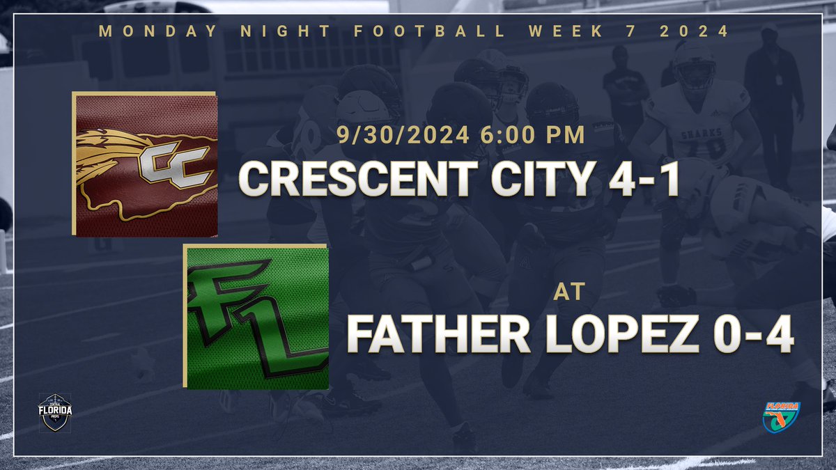 Follow us for updates this evening as we'll be covering a Monday Night Football game, a District 1A-5 matchup between:

<a href="/Raider_Football/">Crescent City Raider Football</a> (4-1, 0-0)
at
<a href="/FatherLopezFB/">Father Lopez Green Wave Football</a> (0-4, 0-0)
6:00 pm - Alumni Stadium

<a href="/coachnasser95/">Matt Nasser</a> <a href="/FLCAthletics/">Father Lopez Athletics</a> <a href="/GabbardWM28/">Mark Gabbard</a> <a href="/CoachKrek/">Coach Krekel</a> <a href="/THEPLATFORMDR/">THE PLATFORM</a>