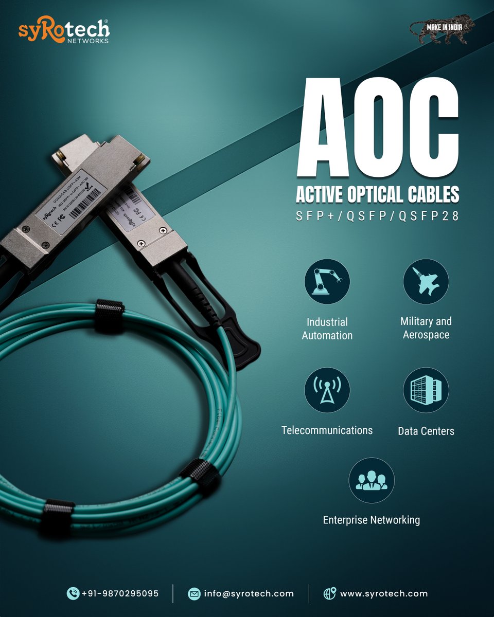 Syrotech's tweet image. 𝐒𝐲𝐫𝐨𝐭𝐞𝐜𝐡 𝐀𝐎𝐂 𝐂𝐚𝐛𝐥𝐞𝐬 
ensure high-speed data transfer with embedded transceivers, optical fibers, and reconversion tech—perfect for data centers, HPC, and enterprise networks. 
#SyrotechAOC #HighSpeedConnectivity #DataTransmission