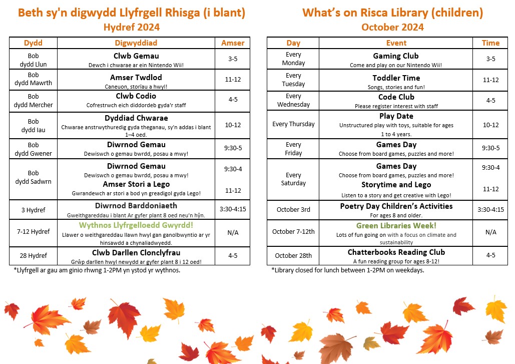 Beth sy'n digwydd Llyfrgell Rhisga i blant - Hydref 2024!🍁
What's happening at Risca Library for Children - October 2024!🍂