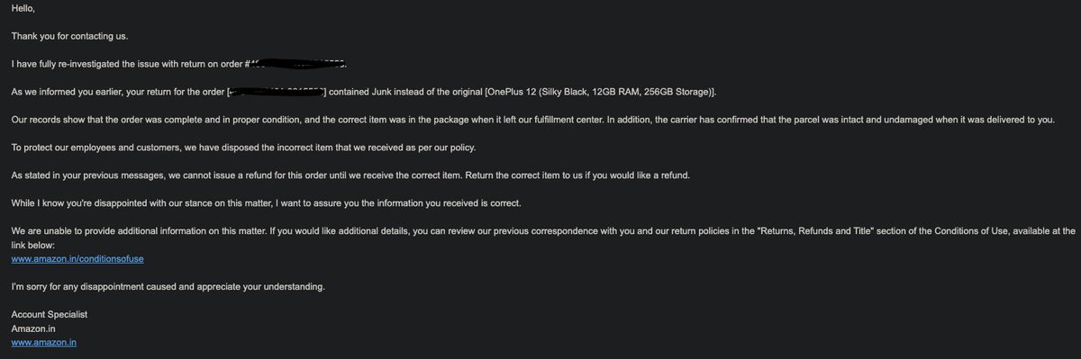 Advik's tweet photo. Beware of this scam (phone swapping inside a sealed box). Look at the response that I received from amazon. How can they be so sure that there was correct item inside the box. I guess, they must have opened it. Maybe amazon did it. https://t.co/FARSc6OyE8