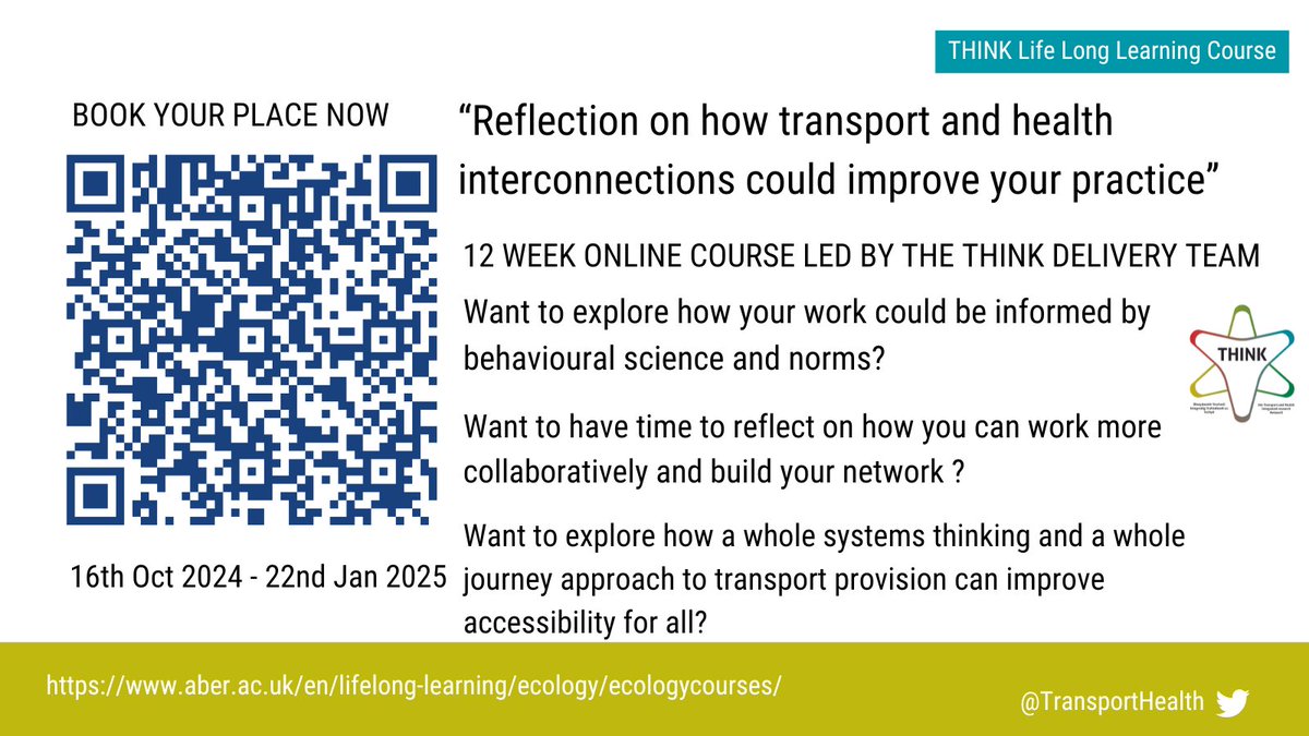 Still time to sign up THINK online legacy course starting 16th October! 
shop.aber.ac.uk/short-courses/…
Perfect for transport planners, transport officers, councillors, those with a health with active travel remit and many other roles. <a href="/WelshLGA/">WLGA</a> <a href="/LGAcomms/">Local Government Association (LGA)</a> <a href="/NALC/">NALC</a>