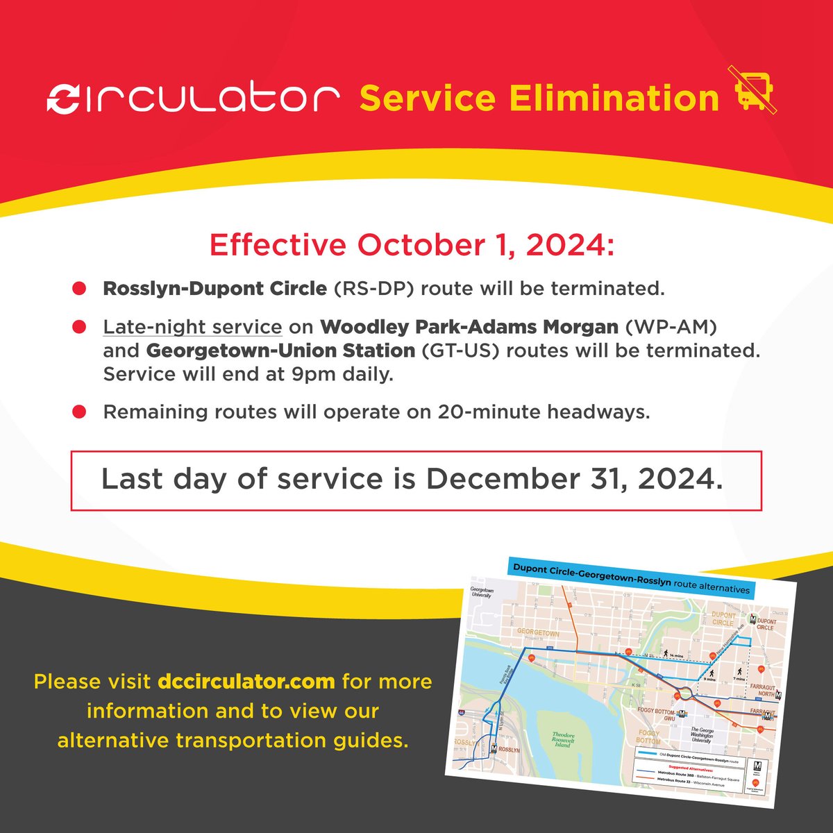 #ServiceReminder: Today is the last day of service to the Rosslyn-Dupont Circle (RS-DP) route. 

To assist riders during the transition, we’ve created a guide of alternative transportation options. 

To view these options, please visit: bit.ly/3B3T4gG