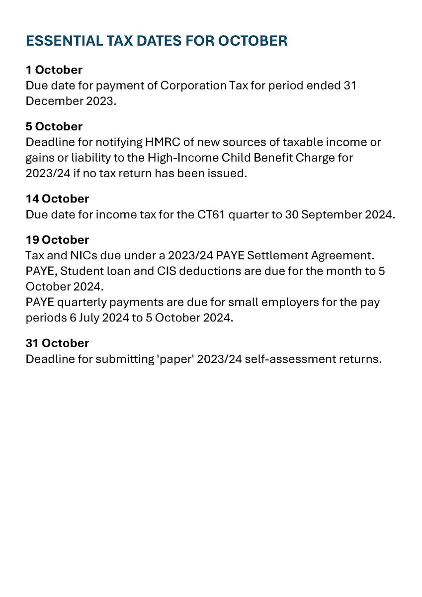 Essential Tax Dates for October ... #hph #accountants #tax