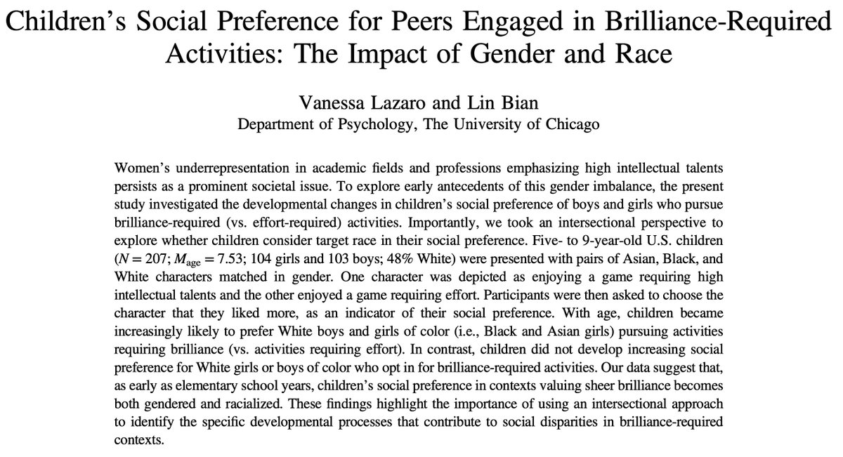 LinBian_'s tweet image. Excited to share this new paper led by my amazing student @vanessalazaro_ We asked if girls and boys from different racial backgrounds, who opt to pursue activities requiring high intelligence are equally liked. Check out this paper to find out the answer: psycnet.apa.org/record/2025-14…
