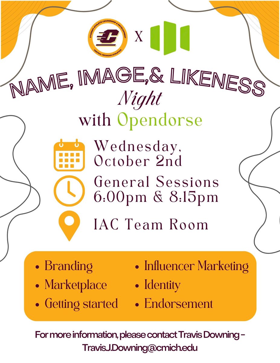 CMU_SALD's tweet photo. Student-athletes! Come join us on Wednesday to learn more about the NIL space! We hope to see you there👀 https://t.co/h8o0U2cg0D