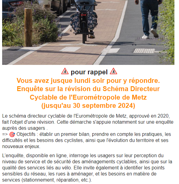 Agirrlor's tweet photo. ⚠️URGENT plan vélo #Metz 
Vous avez jusqu'à ce soir (lundi 30/09) pour contribuer à l'enquête publique du plan vélo (révision du plan 2020)
C'est ici ▶️https://t.co/AbhEuvVW6P
(via @metzavelo) https://t.co/C7LbHUJJip