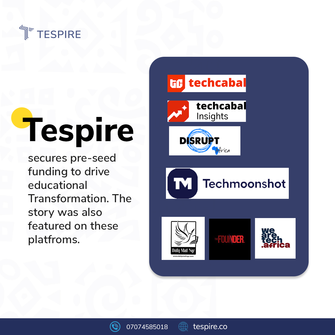 Tespire has secured pre-seed funding this September to further our mission of transforming education with a data-driven approach.
Also featured in <a href="/techcabal_pr/">TechCabal Press Room</a> <a href="/WeAreTechAfrica/">We Are Tech</a> 

Read more: tespire.tech/tespire-pre-se…

#tespire #Technology