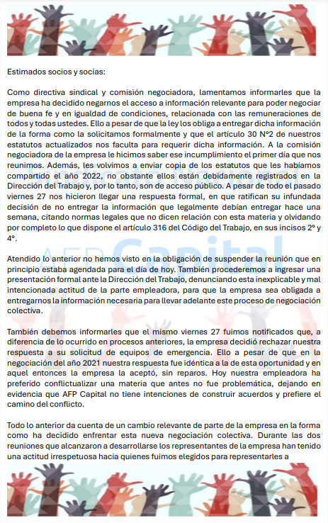 Sind1AFPCapital's tweet photo. Trabajadores y trabajadoras, compartimos comunicado oficial de nuestro sindicato en medio del inicio de la negociación colectiva año 2024. @AndresGiordanoS @Camila_130308 @AALVSE @VivianaBeasC https://t.co/FWmnoomOJB