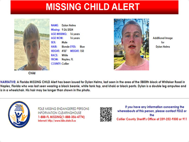 fdlepio's tweet photo. Please share this post! A Florida MISSING CHILD Alert has been issued for Dylan Helms, a white male, 16 yo. Dylan is a double leg amputee and is in a wheelchair.  If you have any info on location of this child contact the Collier County Sheriff's Office at 239-252-9300 or 911. https://t.co/VNK78hI83L