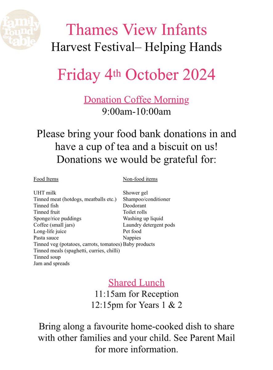 This Friday is Harvest Festival at <a href="/TVInfants/">Thames View Infants</a>😊 We know times are very tough for lots of our families, so anything you can donate for <a href="/Bfoodbank/">Barking Foodbank</a> would be greatly appreciated. You can drop these into the office all week or pop along Friday morning for a hot drink &amp; a biscuit!