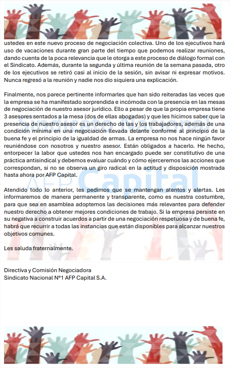 Sind1AFPCapital's tweet photo. Trabajadores y trabajadoras, compartimos comunicado oficial de nuestro sindicato en medio del inicio de la negociación colectiva año 2024. @AndresGiordanoS @Camila_130308 @AALVSE @VivianaBeasC https://t.co/FWmnoomOJB