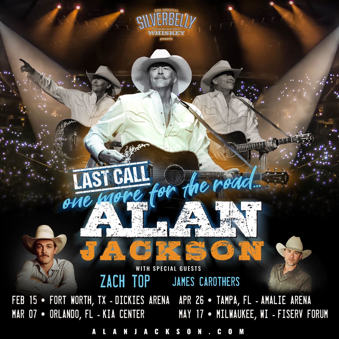 It's time for a #GoodTime TX, FL, and WI! Alan will be joined by special guests <a href="/Zachtopmusic/">Zach Top</a> and <a href="/James_Carothers/">James Carothers</a> on select dates on the #LastCallWithAlan Tour! Don’t miss out—grab your tickets at alanjackson.com/tour!