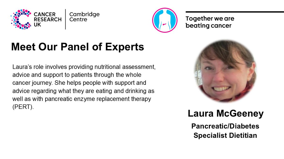 CRUK Cambridge Centre: Pancreatic Cancer Programme (@crukcampanccan) on Twitter photo 👋Meet our panel of experts - Laura McGeeney, a #PancreaticCancer & Diabetes Specialist Dietician <a href="/CUH_dietitians/">CUH Dietitians</a> in our next #WorldPancreaticCancerDay💜webinar on #Cachexia!
Book you ticket & submit your question TODAY👉shorturl.at/bj4R9 👋Meet our panel of experts - Laura McGeeney, a #PancreaticCancer & Diabetes Specialist Dietician <a href="/CUH_dietitians/">CUH Dietitians</a> in our next #WorldPancreaticCancerDay💜webinar on #Cachexia!
Book you ticket & submit your question TODAY👉shorturl.at/bj4R9
