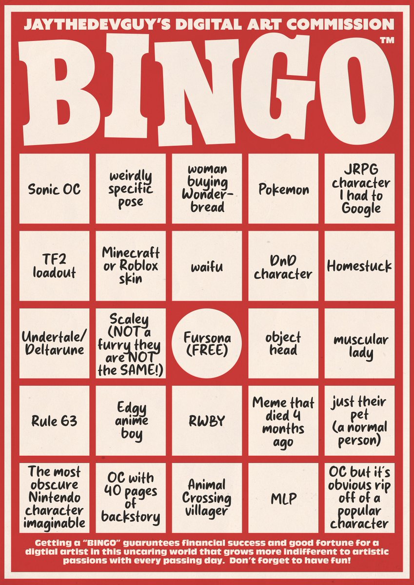 Getting a bingo promises a prosperous art career and good fortune.  Personally I'm banking on the left column with "Sonic OC" and "Deltarune", but the muscle lady middle row is promising...  Wish me luck :]

Full video here: youtu.be/A1Nz-MTZ4x4?si…