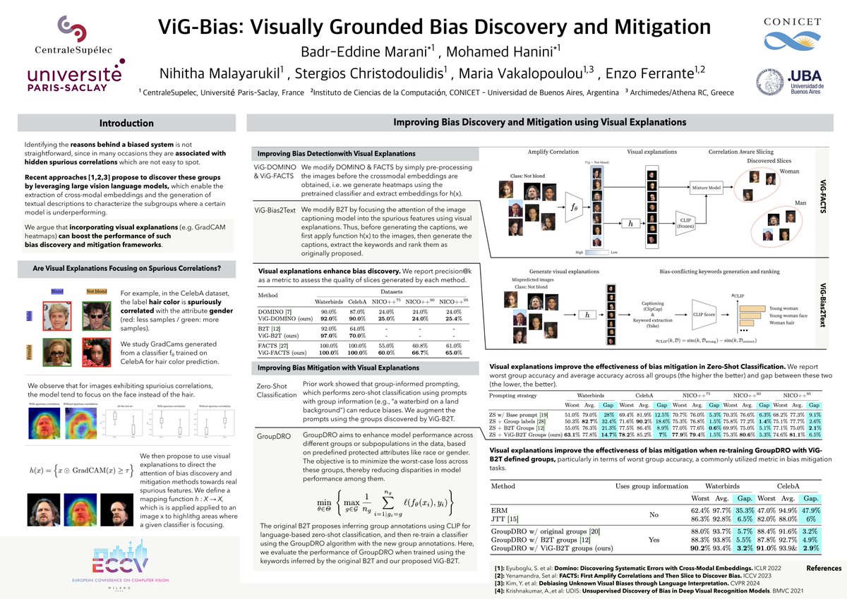 Tomorrow at 10h30 AM we will present our work on bias discovery and mitigation using visual explanations at
<a href="/eccvconf/">European Conference on Computer Vision #ECCV2026</a> in Milan 🇮🇹 

Ping me if you are around and want to discuss!  

📷 Link to the paper: arxiv.org/abs/2407.01996 

More info 👇 x.com/enzoferrante/s…