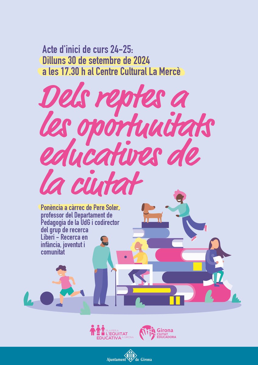 #EducacióGirona (@educacio_gi) on Twitter photo DELS REPTES A LES OPORTUNITATS EDUCATIVES DE LA CIUTAT
Ponència a càrrec de Pere Soler (<a href="/psolerm/">Pere Soler</a>), professor del Departament de Pedagogía de la <a href="/UdGLletres/">Facultat de Lletres UdG</a> i codirector del grup de recerca en infància, joventut i comunitat <a href="/LiberiUdg/">Liberi_UdG</a>.
Avui 30/09 a les 17.30 h a <a href="/LaMerceGirona/">La Mercè Girona</a>. DELS REPTES A LES OPORTUNITATS EDUCATIVES DE LA CIUTAT
Ponència a càrrec de Pere Soler (<a href="/psolerm/">Pere Soler</a>), professor del Departament de Pedagogía de la <a href="/UdGLletres/">Facultat de Lletres UdG</a> i codirector del grup de recerca en infància, joventut i comunitat <a href="/LiberiUdg/">Liberi_UdG</a>.
Avui 30/09 a les 17.30 h a <a href="/LaMerceGirona/">La Mercè Girona</a>.