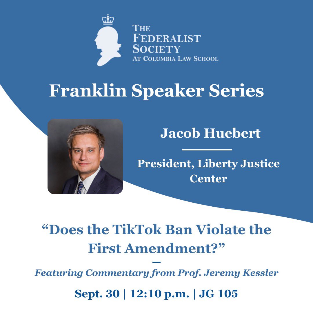 CLSFedSoc's tweet image. Great event today with @JacobHuebert on the First Amendment issues surrounding the scheduled ban of Tik Tok in the United States.

With commentary from our own Prof. Jeremy Kessler, should be fun!