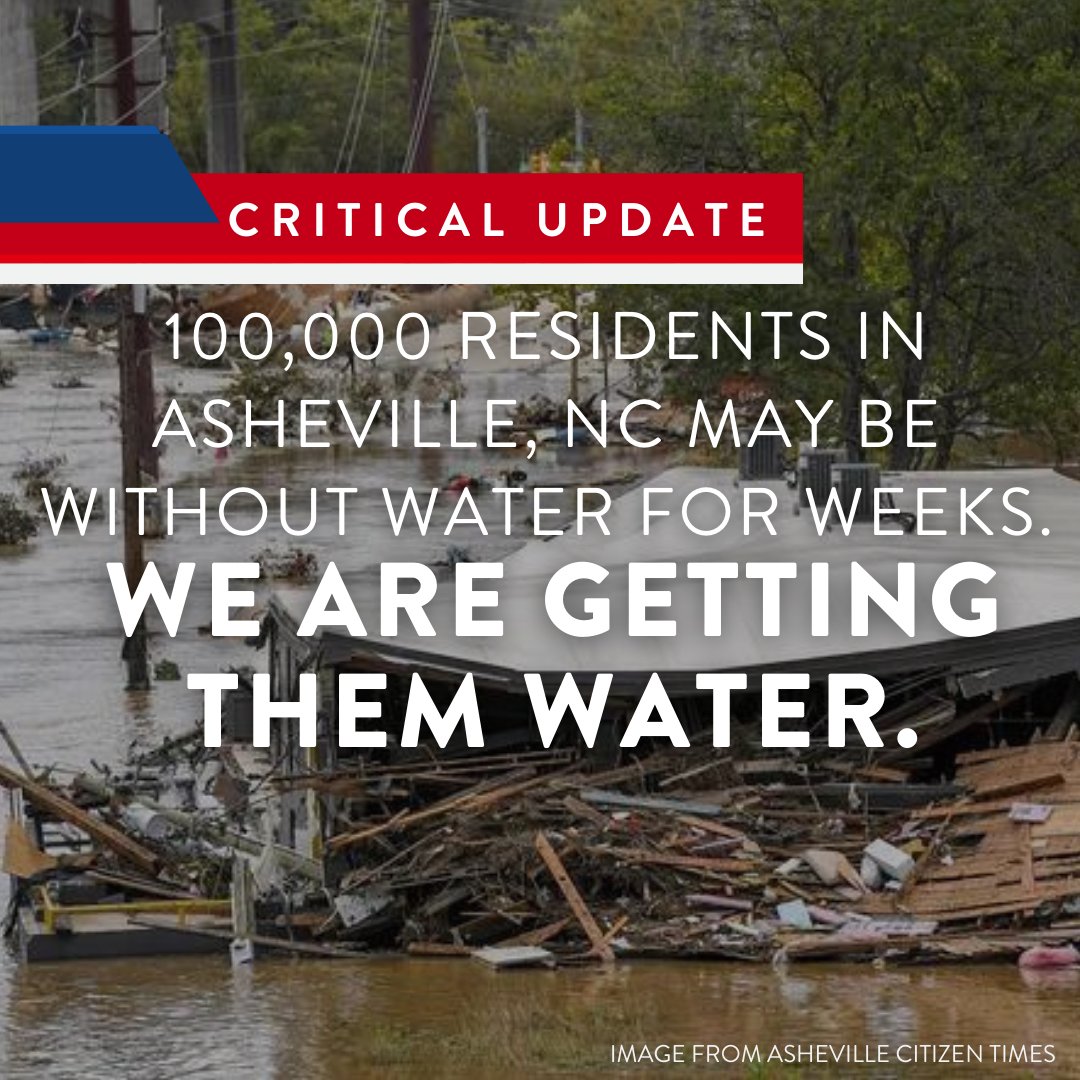 Asheville, NC is completely isolated and their residents were told they may not have clean water for weeks. We are filling helicopters with water and other vital supplies for Asheville, NC. We need help to get as much as we can to them. Share, pray and give now: