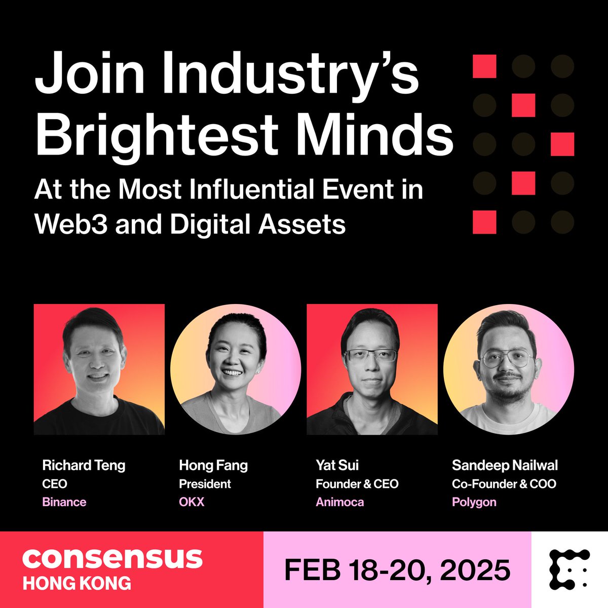 🚀 Get ready for #ConsensusHK! 

The first wave of 40+ speakers has been unveiled, including leaders from Animoca, Binance, Polygon and Mysten Labs. 

Discover all our speakers and see who’s shaping the future of Web3. consensus-hongkong2025.coindesk.com/speakers/?term… pic.x.com/9qwIumn2J4