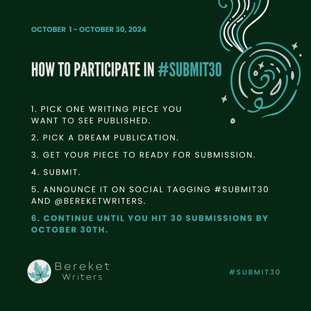 Once you complete #Submit30, email us at community [at] bereketwriters [dot] org, and claim your certificate of completion! 

When you receive an acceptance for your Submit30 submissions, celebrate online with fellow writers. The #WritingCommunity is here to support you 🌷

(6/6)