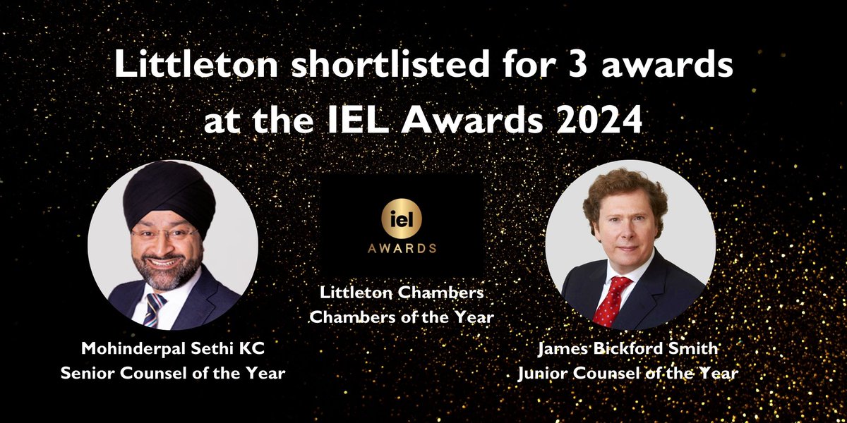 Littleton is delighted to have been shortlisted in all three relevant categories for the 2024 @IEL_reportsAwards:  

Chambers of the Year
Senior Counsel of the Year -<a href="/MoSethiKC/">Mohinderpal Sethi K.C.</a>
Junior Counsel of the Year - James Bickford Smith  

#EmploymentLaw #IELAwards2024 #LittletonChambers