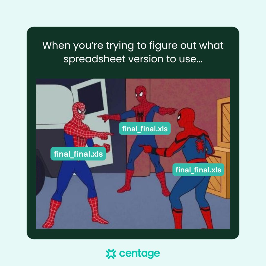 Centage's tweet image. Trying to track down multiple versions of the same spreadsheet is an all too common pain for finance managers. End the cycle now through Centage, a cloud-based tool that helps organize your budgeting process.
#mondayfinancememes #excelspreadsheets #versioncontrol