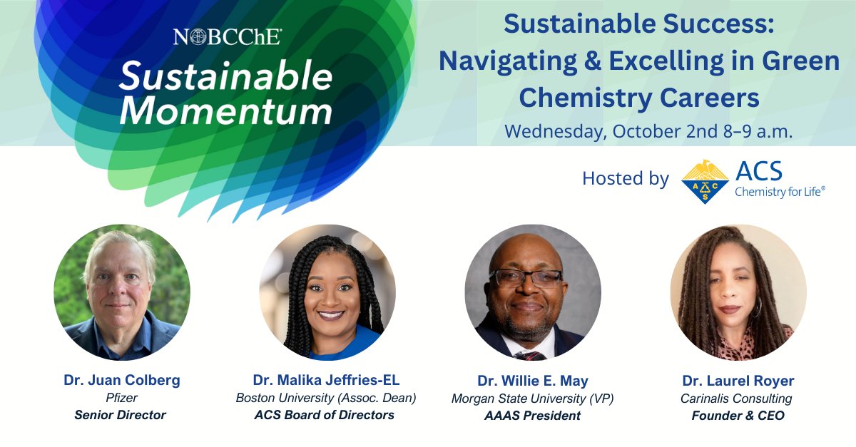 ACS Green Chemistry Institute (@acsgci) on Twitter photo At the 2024 <a href="/NOBCChE/">NOBCChE Official</a> Conference, GCI's Sederra Ross will be organizing a panel on #GreenChemistry Careers! Panelists include Drs. Juan Colberg, Malika Jefferies-El, Willie May & Laurel Royer. Join us Wed, Oct 2 at 8am, room St. John's 30-31. Register: brnw.ch/21wNjEZ At the 2024 <a href="/NOBCChE/">NOBCChE Official</a> Conference, GCI's Sederra Ross will be organizing a panel on #GreenChemistry Careers! Panelists include Drs. Juan Colberg, Malika Jefferies-El, Willie May & Laurel Royer. Join us Wed, Oct 2 at 8am, room St. John's 30-31. Register: brnw.ch/21wNjEZ