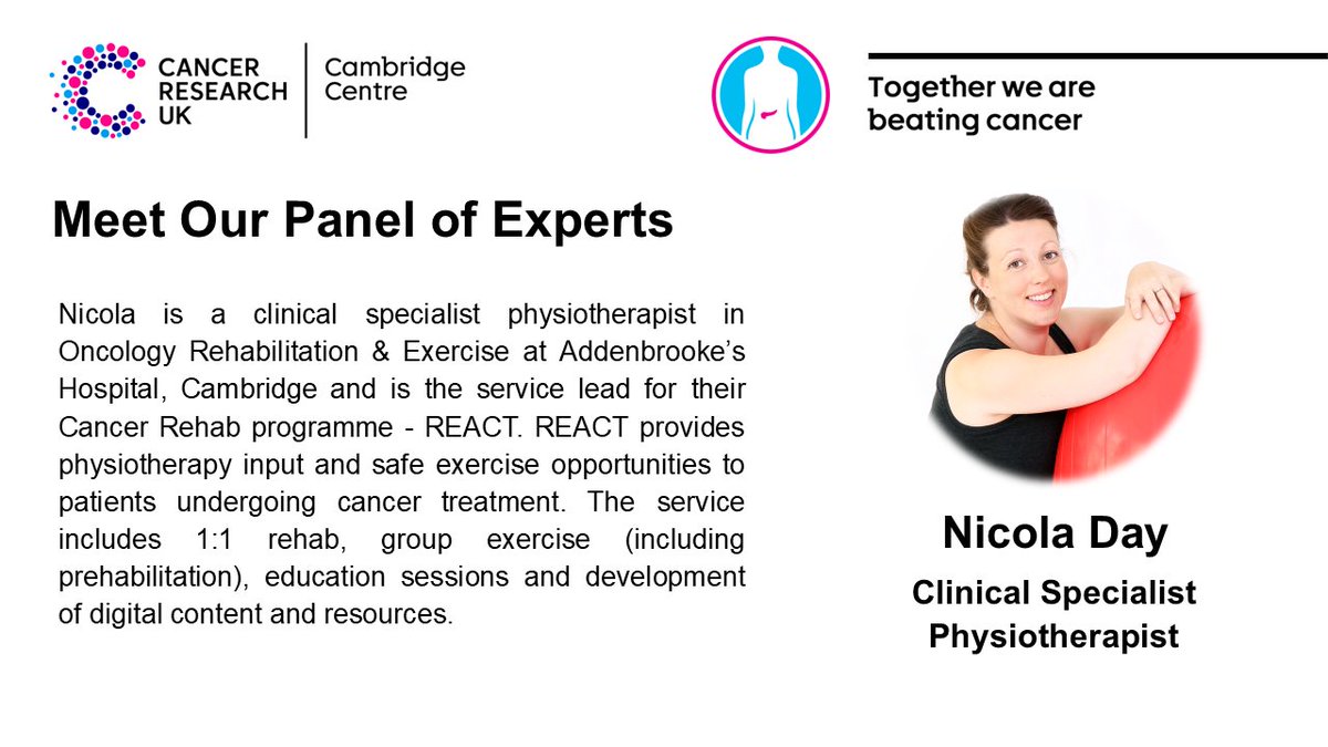 CRUK Cambridge Centre: Pancreatic Cancer Programme (@crukcampanccan) on Twitter photo 👋Meet our panel of experts - Nicola Day, a Clinical Specialist Physiotherapist <a href="/CUH_NHS/">Cambridge University Hospitals NHS</a>, in our next #WorldPancreaticCancerDay💜webinar on #Cachexia!
Book you ticket & submit your question TODAY👉shorturl.at/bj4R9 👋Meet our panel of experts - Nicola Day, a Clinical Specialist Physiotherapist <a href="/CUH_NHS/">Cambridge University Hospitals NHS</a>, in our next #WorldPancreaticCancerDay💜webinar on #Cachexia!
Book you ticket & submit your question TODAY👉shorturl.at/bj4R9