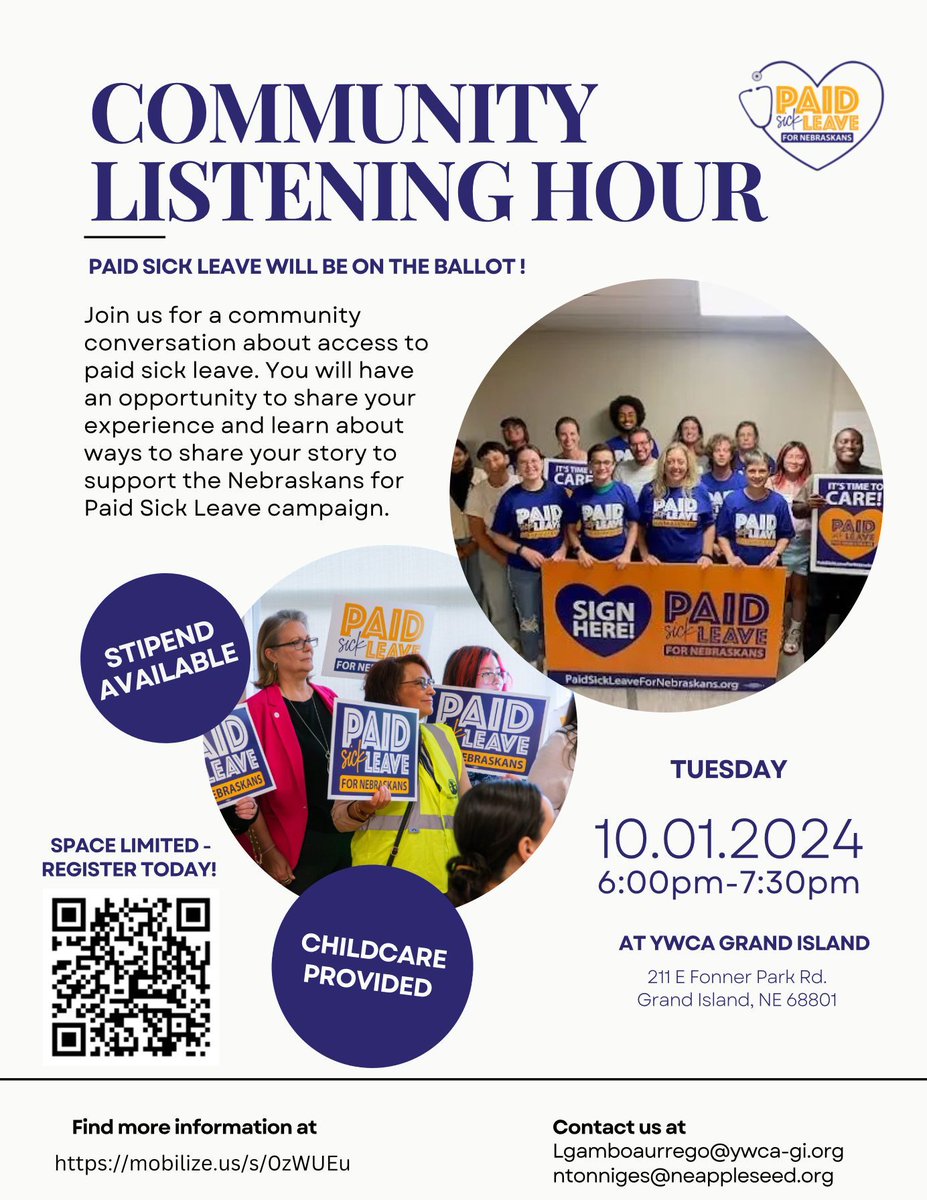 Join us for the Community Listening Hour! Paid Sick Leave will be on the ballot! 

📅 When: October 1 at 6-7:30 p.m.
📍 Location: YWCA Grand Island
Stipend Available | Childcare Provided

Register Today: buff.ly/3XQU4gY
For more info, contact: Lgamboaurrego@ywca-gi.org