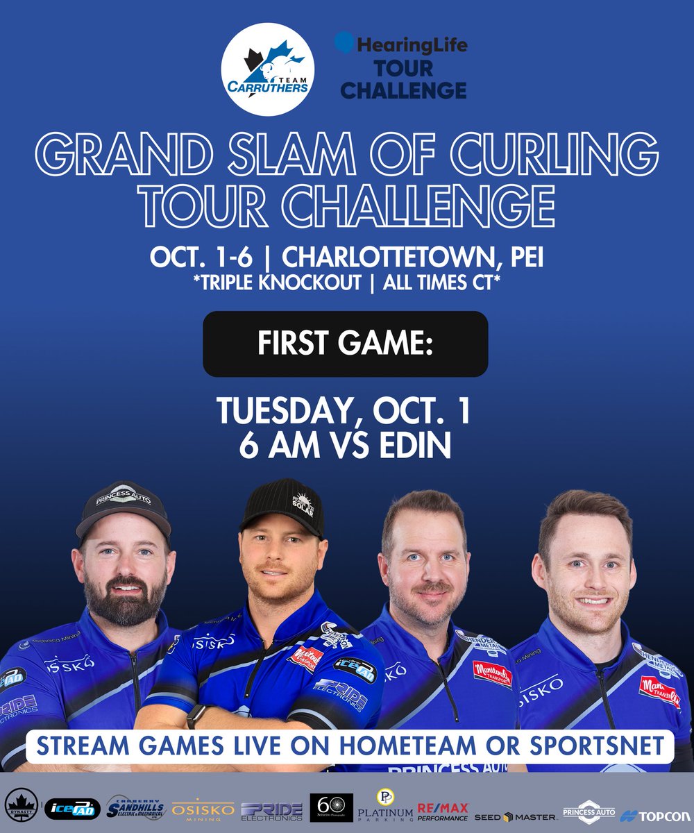 Team Carruthers (@teamcarruthers) on Twitter photo ๐๏ธ๐ GSOC TOUR CHALLENGE
Back at it in Charlottetown, PEI this week! The triple knockout action begins tomorrow โฌ๏ธ
FIRST GAME:
๐๏ธ Tuesday, Oct. 1
โฐ 6 am CT
๐ Edin
Stream ALL games live on @HomeTeam_Live ๐ฒ๐คฉ and catch games on Sportsnet starting Thursday ๐บ
#TeamCarruthers ๐๏ธ๐ GSOC TOUR CHALLENGE
Back at it in Charlottetown, PEI this week! The triple knockout action begins tomorrow โฌ๏ธ
FIRST GAME:
๐๏ธ Tuesday, Oct. 1
โฐ 6 am CT
๐ Edin
Stream ALL games live on @HomeTeam_Live ๐ฒ๐คฉ and catch games on Sportsnet starting Thursday ๐บ
#TeamCarruthers