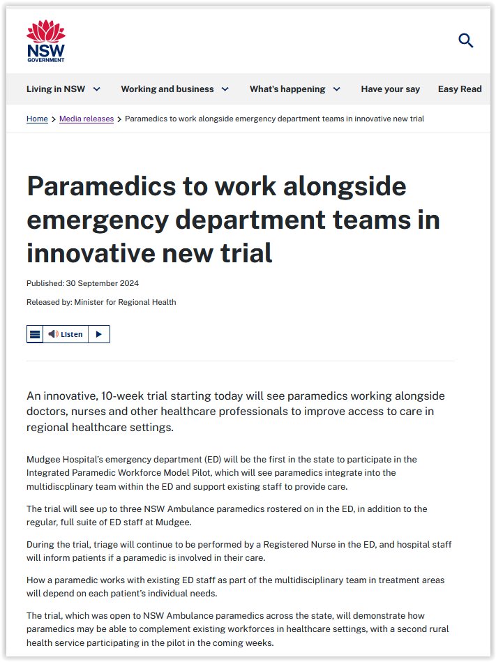 NSW #paramedics to join #emergency department teams. Mudgee Hospital's #ED will be the first to participate in the Integrated Paramedic Workforce Model Pilot, which will see paramedics integrated into the #multidisciplinary team. #health #innovation nsw.gov.au/media-releases…