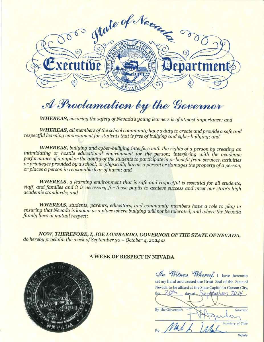 NvstateED's tweet photo. School districts across the state of Nevada will engage in activities and learning opportunities that highlight the importance of a safe and respectful learning environment for Week of Respect. Thank you, Governor @JosephMLombardo, for the #NVWeekofRespect proclamation. https://t.co/ICc4iqHsxL