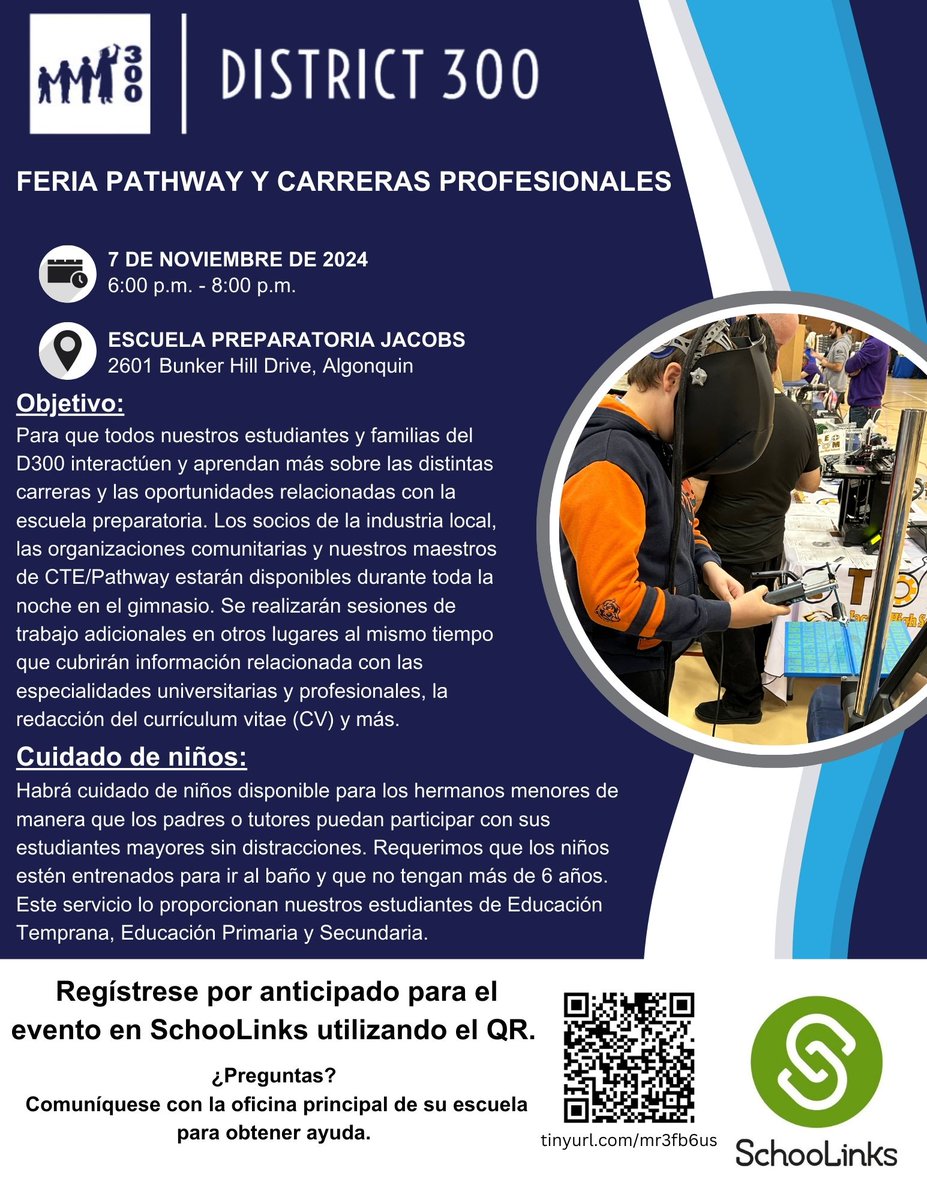 Attention D300 students: are you still trying to figure out what you want to do after HS? Do you have an idea of what you want to do but want to learn more about what D300 offers at each HS?

If so, consider attending out Pathway and Career Fair on 11/7 at JHS from 6 to 8 PM.