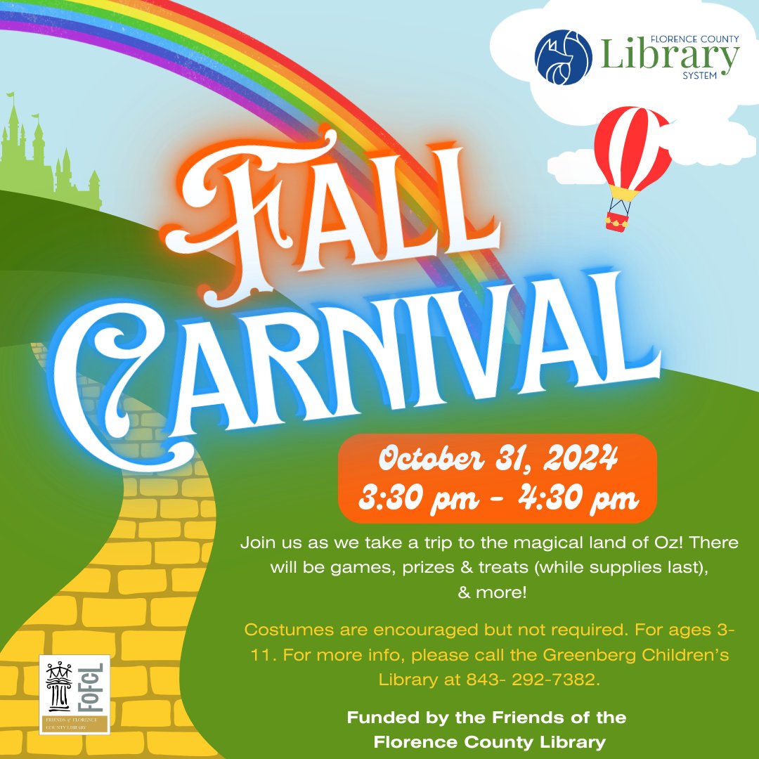 FloCoLibrarySC's tweet image. On Thurs., Oct. 31, the @FloCoLibrarySC will host its annual Fall Carnival from 3:30-4:30pm, open to children aged 3 to 11. Participants are invited to join the us on a journey to Oz, featuring games, prizes, treats, and more—while supplies last. For more info, call 843-292-7382.