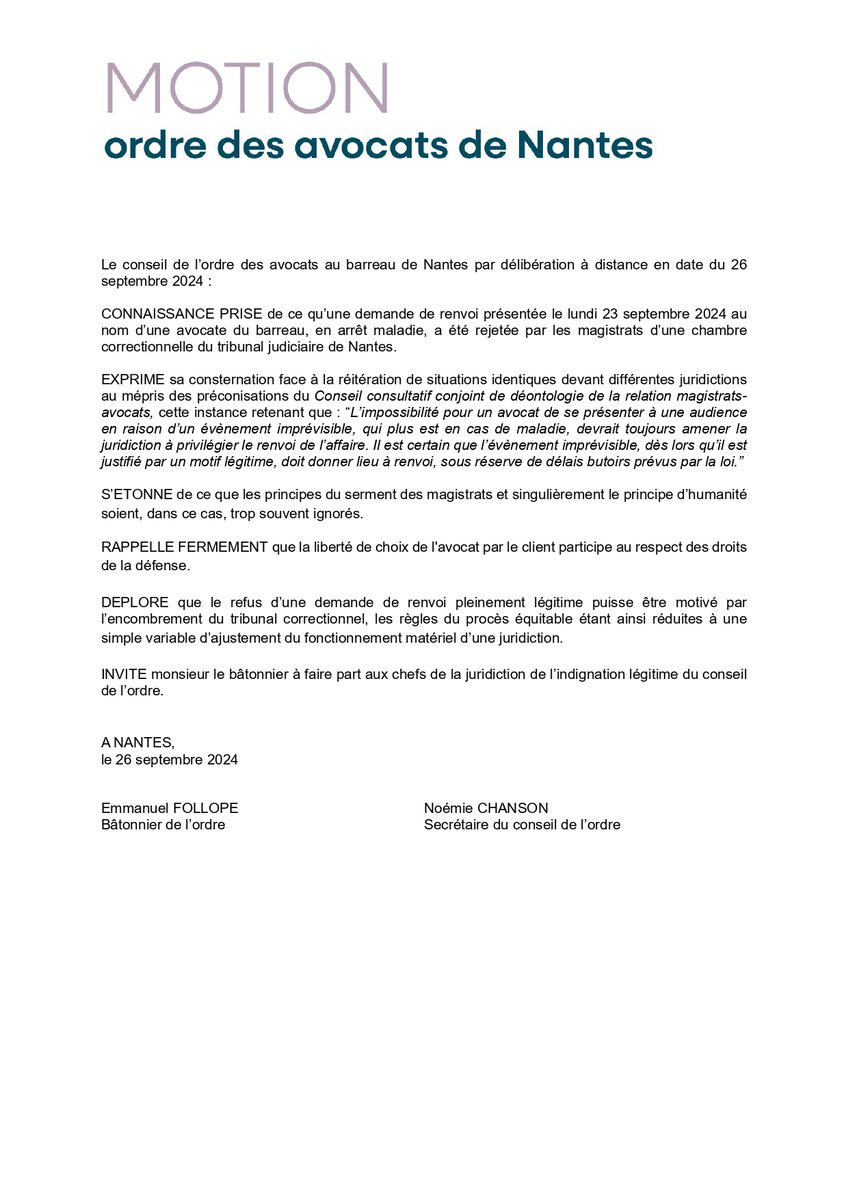 ✍️ Le conseil de l’ordre du barreau de Nantes exprime sa consternation devant le refus de magistrats d’une chambre correctionnelle du tribunal judiciaire de Nantes d’accorder le renvoi d’un dossier alors que l’avocate du prévenu était en arrêt maladie.