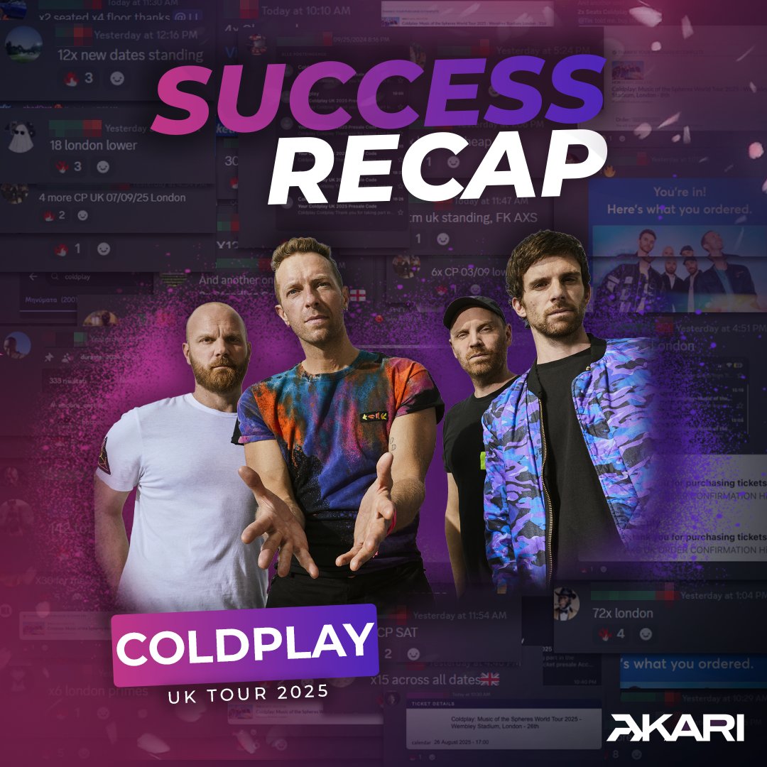 We were ready for the Coldplay UK release as always!

Thanks to the best extensions and calls in the entire market, we once again managed to secure thousands of tickets during the drop!

Never miss with Akari.😮‍💨
whop.com/marketplace/ak…