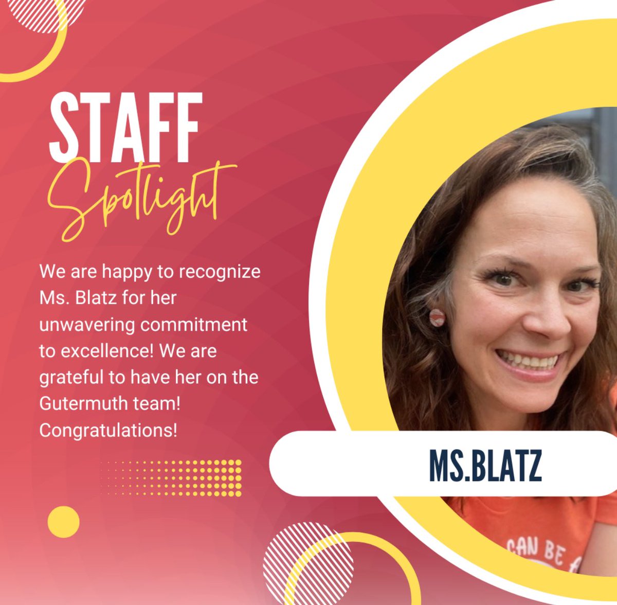 bgraham04sp's tweet photo. Ms. Blatz was nominated for our Staff Spotlight for the month of September !Congratulations!!🎉🎉 @GutermuthES https://t.co/2cTpte9qyV