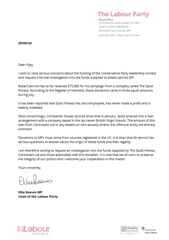 There are serious transparency concerns over the origin of funds for Robert Jenrick’s leadership campaign.

My letter to the Electoral Commission calling for a formal investigation👇