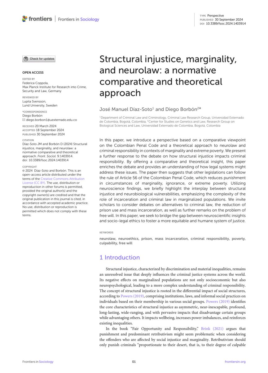 DiegoborbonR's tweet photo. Recién publicado: "Structural injustice, marginality, and neurolaw: a normative comparative and theoretical approach" en Frontiers in Sociology Q1 @FrontSociology

Discutimos la injusticia estructural desde la responsabilidad penal y el neuroderecho. Link https://t.co/EHIxtkZo2a https://t.co/ZJ6q4w0k8y