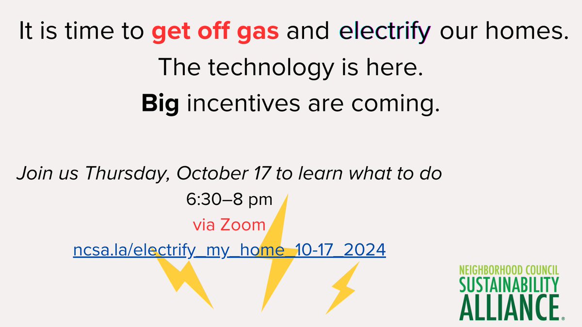 Money is coming our way, folks, including from <a href="/LADWP/">LADWP</a>! Join us Thursday, October 17 to learn what it is all about and why it is important for your health and for the planet to take advantage of these incentives. ncsa.la/electrify_my_h…  #ElectrifyLA