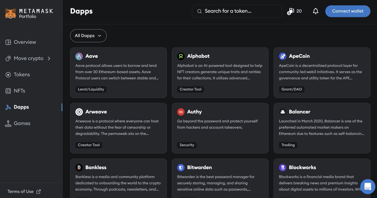 🚨 MetaMask dApp Store is LIVE

direct links to the most popular tools &amp; resources like <a href="/RevokeCash/">Revoke.cash</a>, @BoringSecDAO, <a href="/Collab_Land_/">🦾 Collab.Land 🤖</a>, <a href="/brave/">Brave</a>, <a href="/gokhshtein/">Gokhshtein</a>, @decryptmedia, @OtherPageHQ to name a few 🦾

a great way to navigate web3 safely 🫡 check it out @ portfolio.metamask.io/explore/dapps