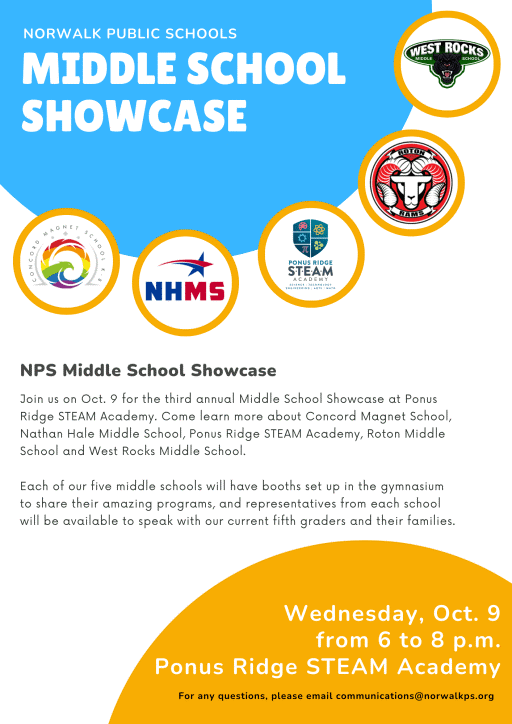 Greetings Ponus Ridge family &amp; friends,
All families are invited to come to Ponus Ridge STEAM Academy on Wednesday, October 9th to learn more about the different middle school programming available to incoming 6th grade students for the 2025-2026 school year!