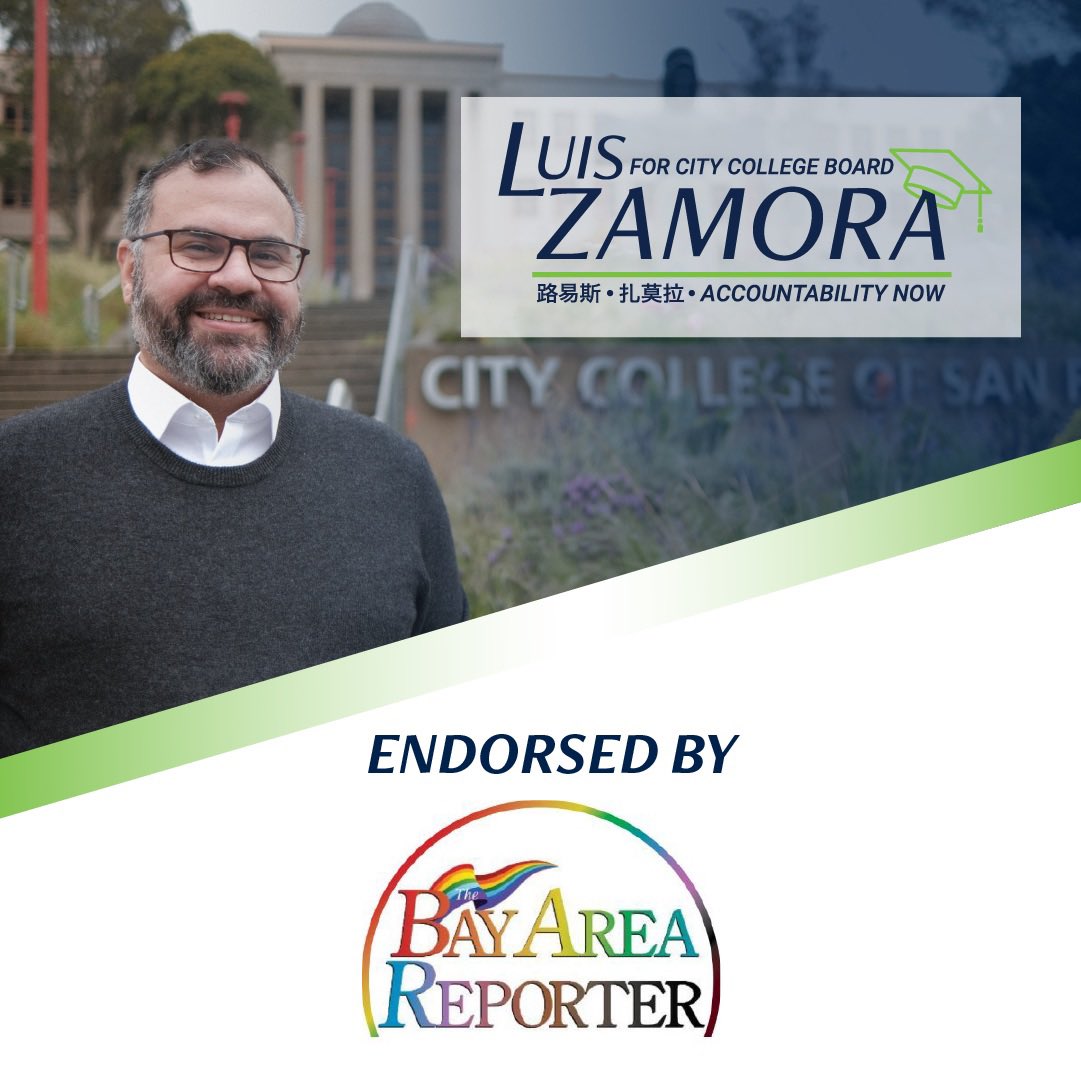 Luis A. Zamora 雷嘉華 (@luis_a_zamora) on Twitter photo Honored to be endorsed by <a href="/eBARnews/">Bay Area Reporter</a>, the San Francisco Bay Area's LGBTQ newspaper of record since 1971! Proud to have their support for my City College race! Honored to be endorsed by <a href="/eBARnews/">Bay Area Reporter</a>, the San Francisco Bay Area's LGBTQ newspaper of record since 1971! Proud to have their support for my City College race!