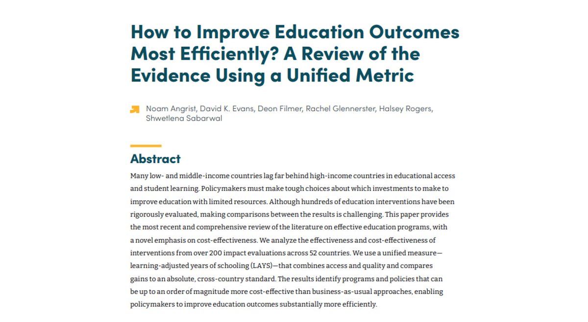 "How to Improve Education Outcomes Most Efficiently? A Review of the Evidence Using a Unified Metric" is now forthcoming at the Journal of Development Economics!

Working paper here cgdev.org/publication/ho…

by @Angrist_Noam, Filmer, @RGlenner, Rogers, @Shwetlena, and me