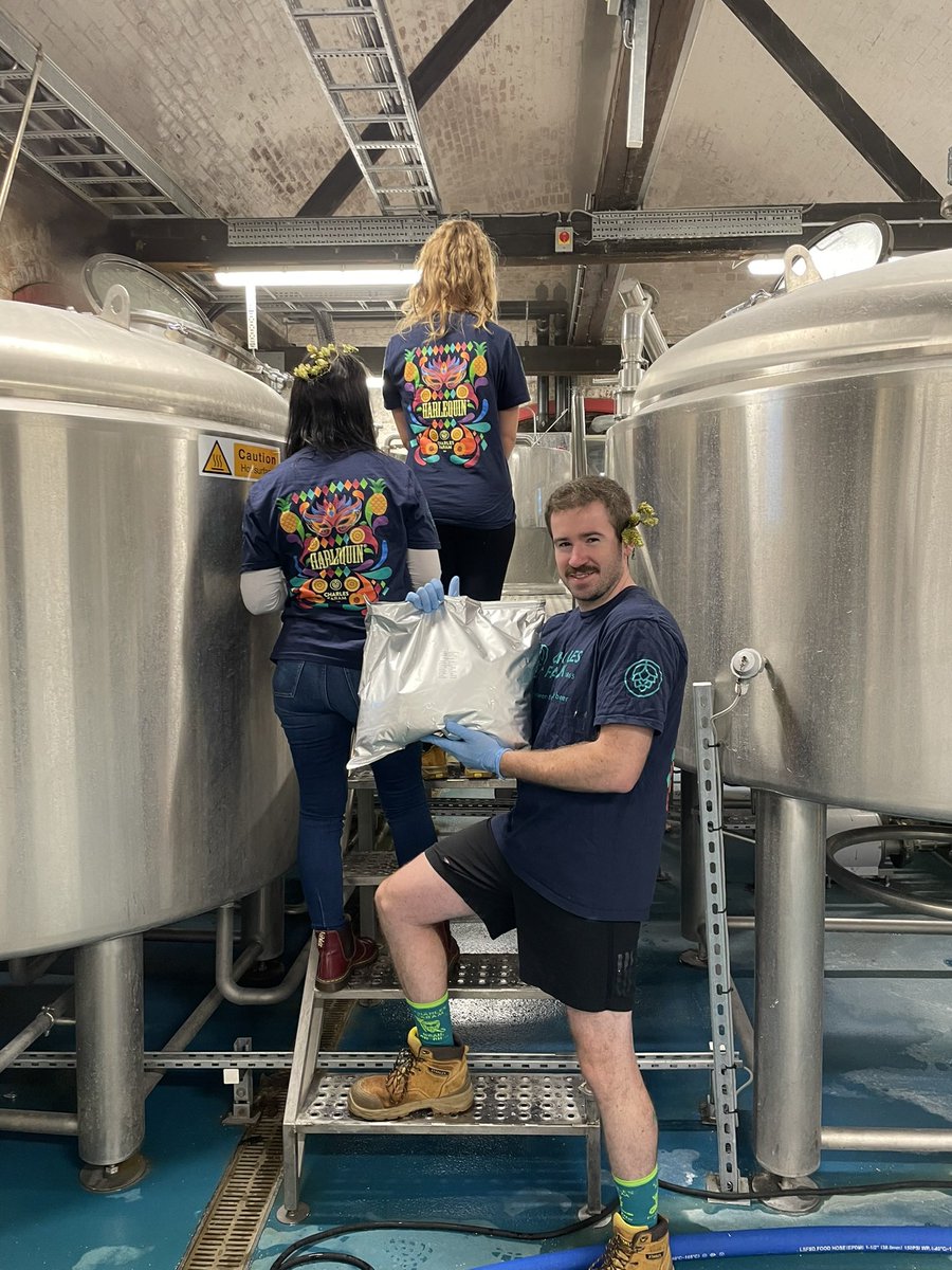 Our recent Hop Walk with <a href="/CharlesFaram/">Charles Faram</a> (thanks for the merch!) has inspired us to make an all English Hopped beer led with Harlequin. Can you guess the other 2 English varieties we used? 
Look out for this mystery beer pouring soon 🐒🍺