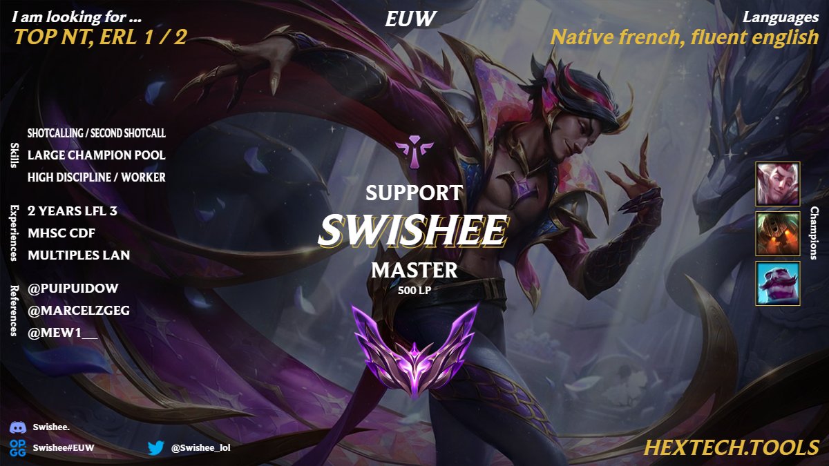 After a year in LFL 3 and a short episode with <a href="/MHSCEsport/">MHSC Esport</a> for the Coupe de France I am highly motivated to prove myself in any minor ERL1/ERL2 but I will consider every offer.

Reference : <a href="/KentaYoko/">Kentaro 🇯🇵🇵🇱🇫🇷</a>, <a href="/19Z07/">HK</a>, @marcelzgeg, <a href="/Mew1__/">· ° ✧ shft "mzw".🕊️</a>, <a href="/STAKRN_Mewt/">Pierre #STAKRNAgency 🎚️</a>, @Lndrs_

❤️ &amp; 🔁 appreciated !