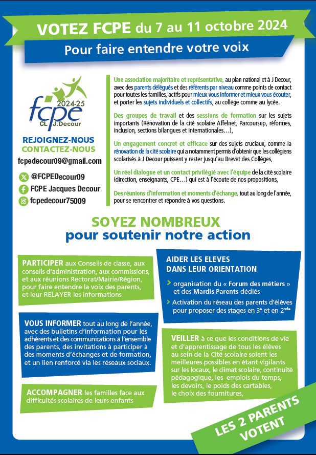 A Decour, on vote, via ProNote, dès lundi 7 octobre 📅
Voici notre programme et nos valeurs :  pour être représentés par une fédération solide et qui vous ressemble, votez  FCPE ! 😉