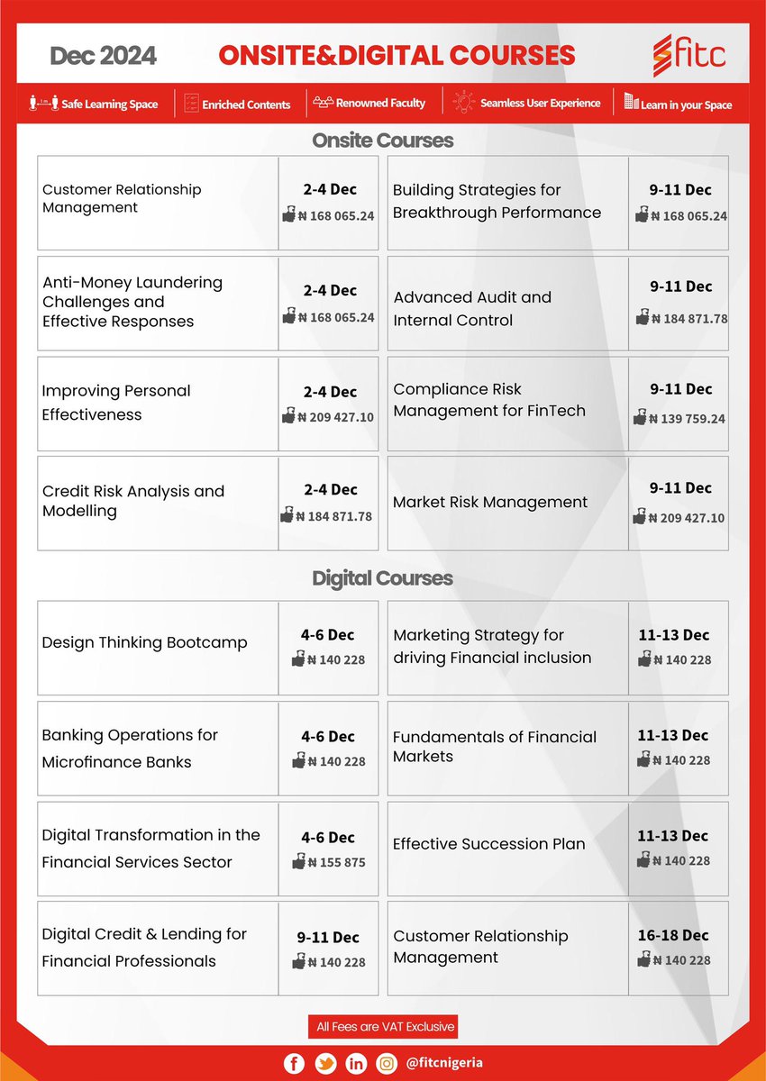 FITCNIGERIA's tweet image. 🚀 Elevate your career this Q4 with FITC&apos;s cutting-edge courses!

Whether you&apos;re in Lagos, Abuja, or prefer online learning, we’ve got you covered.

Check our website at fitc-ng.com for more information!

#FITClearninganddevelopment #onsitelearning #DigitalLearning